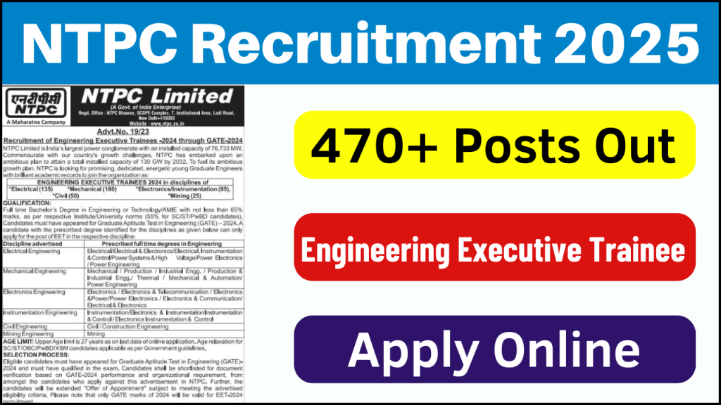 NTPC Recruitment 2025, Apply Online for 475 Engineering Executive Trainee Vacancies